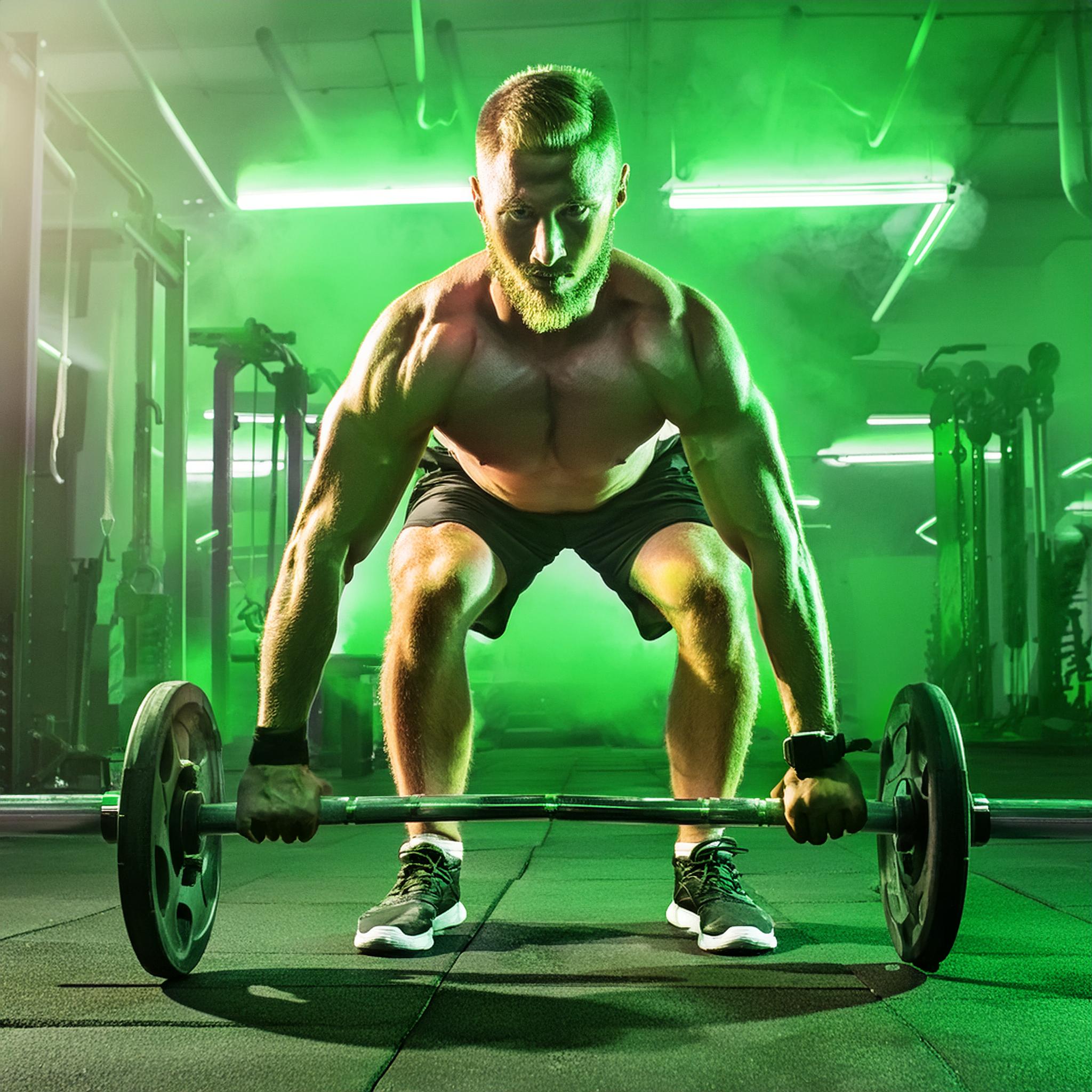 Firefly a man training crossfit in a gym, neon green light in background 8613