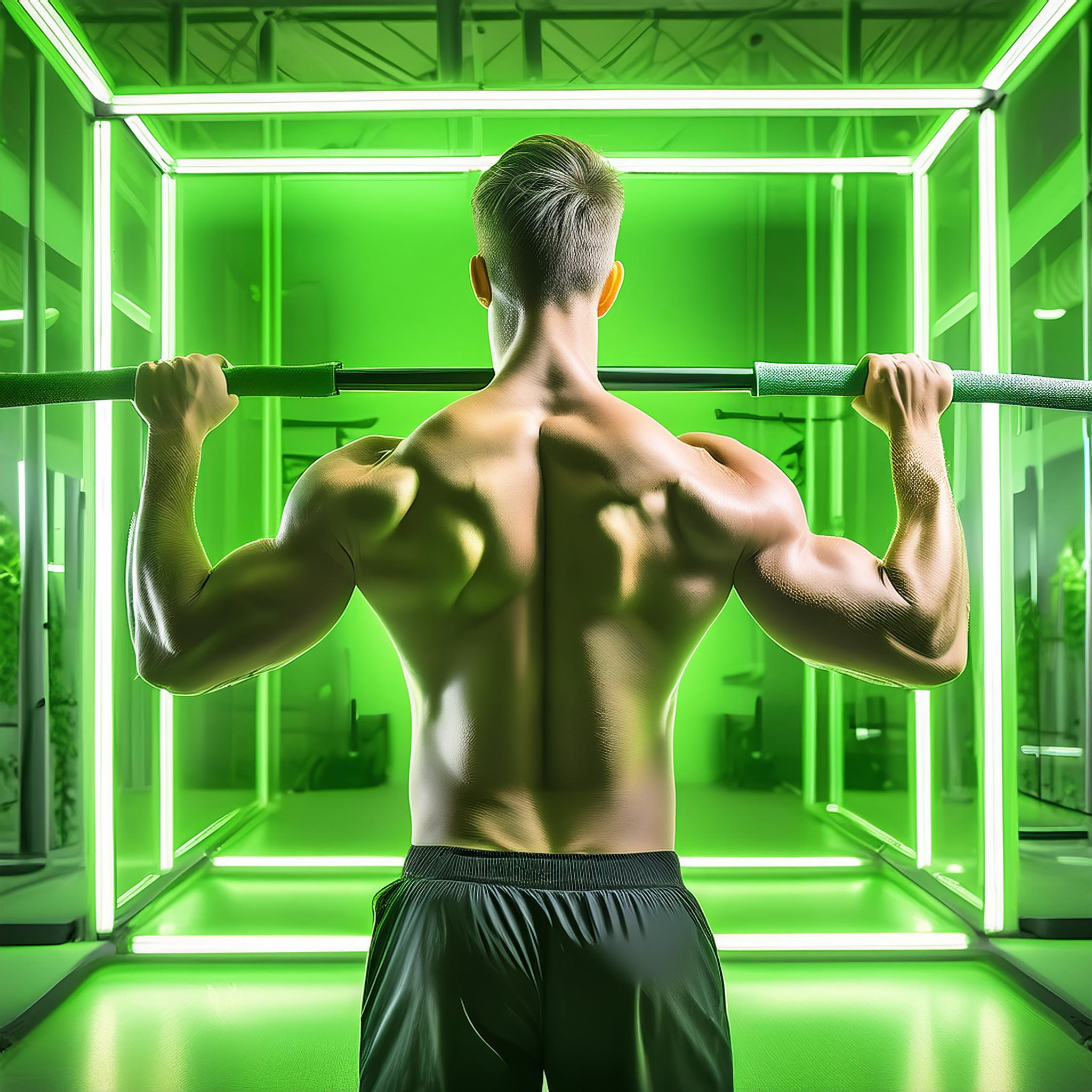 Firefly a man training crossfit in a gym, neon green light in background 96731